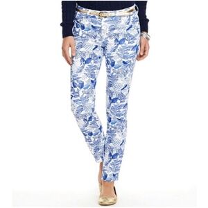 Vineyard Vines Cordia Womens Blue White Tropical Bird Floral Skinny Pants Sz 10